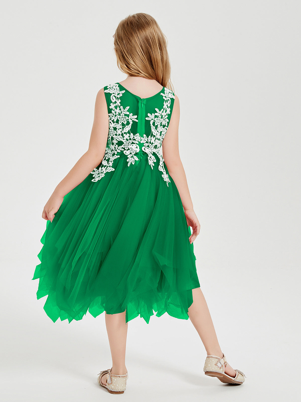 Tea Length Tulle Junior Bridesmaid Dresses Emerald